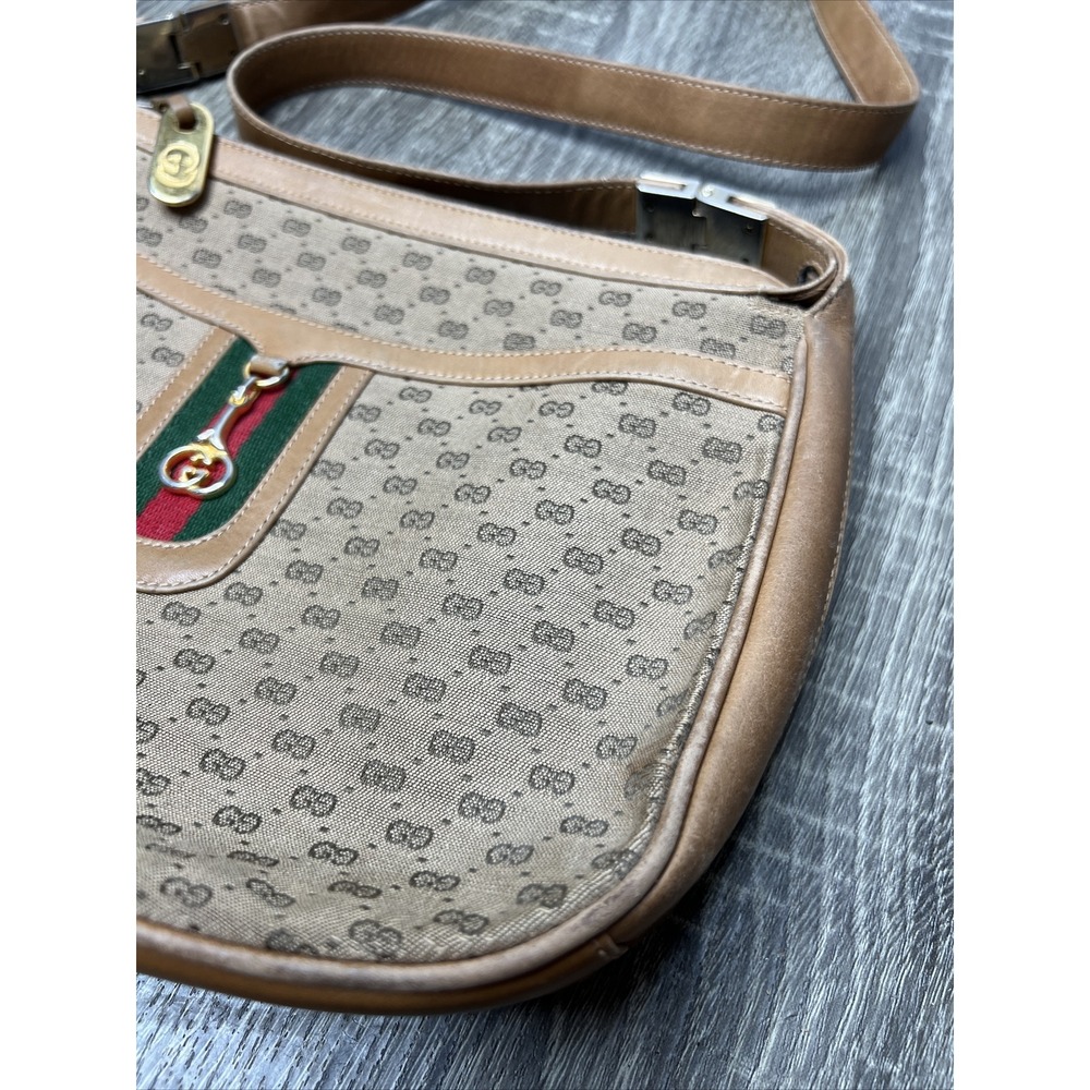 GUCCI Micro Sherry Line GG Bit Canvas Brown Leather Shoulder Bag Purse VTG Rare! - Picture 7 of 16